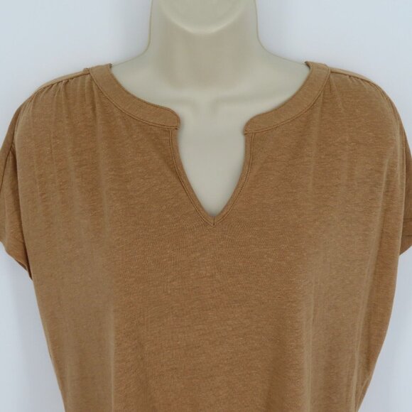 Talbots Womens Medium Linen Blend Y Neck Heathered Tan Brown Shirt Top NEW - Picture 2 of 10